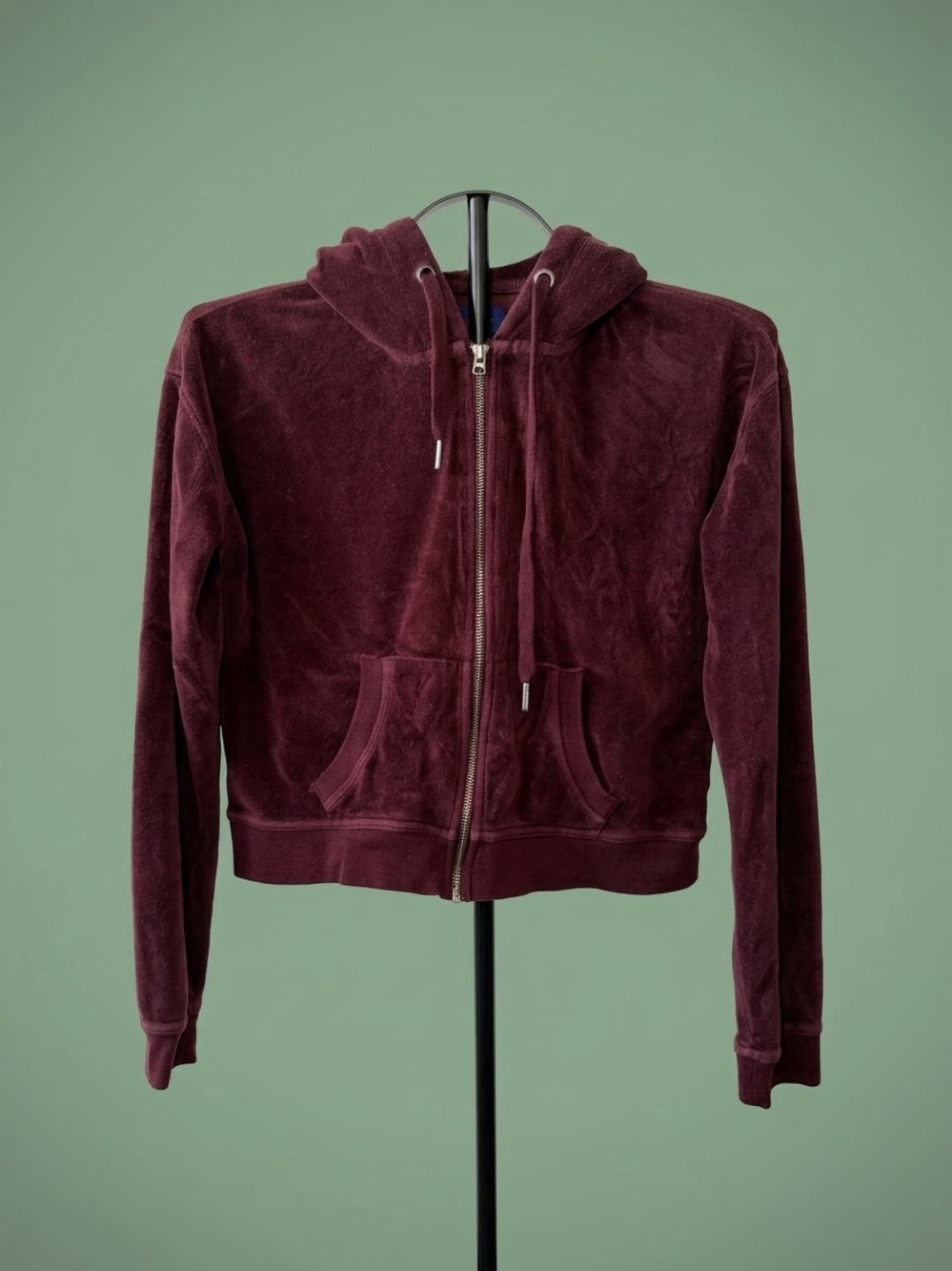Aeropostale Burgundy Velour Cropped Hooded Zip Jacket